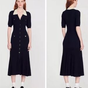 Sandro Black Midi Knit Dress with Cream Collar